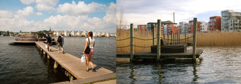 Vista dei percorsi e delle attrezzature del lungo lago (google map) Immagini delle passerelle sospese e delle attrezzature sul lago (in http://aquadental.se/kliniker/hammarby-sjostad/) Le