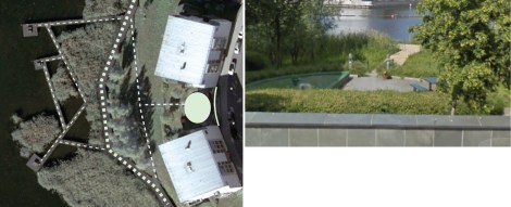 Le case a blocco lungo le sponde del lago e gli spazi circolari semiprivati ( in google map con evidenziazione grafica)