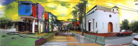 Estudio Teddy Cruz, Casa Familiar, San Ysidro: “Living rooms at the border”. Elaborazione grafica del progetto su una foto dell’area, a destra l’edificio chiesastico e a sinistra l’infrastruttura di servizio: i telai multiuso dei soggiorni all’aperto, qui in uno scenario completo di alloggi (senior house ) e cucine collettive al piano superiore; mercato, workshop e laboratori artistici al livello terra; sullo sfondo le attrezzature per il gioco all’aperto, il teatro, giardini e orto. ©immagine Estudio Teddy Cruz