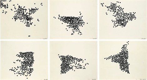 Barry Le Va, Palms Down-Bearings rolled (six specific instants: no particular order), 1966-67. I cuscinetti a sfera rotolanti fanno parte di una serie di 15 disegni. Fotografie di Arne Schults, collezione privata